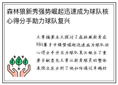 森林狼新秀强势崛起迅速成为球队核心得分手助力球队复兴