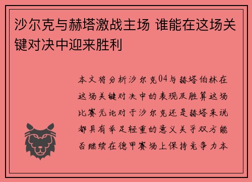 沙尔克与赫塔激战主场 谁能在这场关键对决中迎来胜利