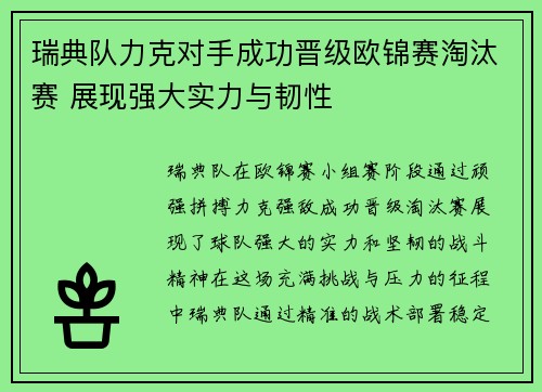 瑞典队力克对手成功晋级欧锦赛淘汰赛 展现强大实力与韧性