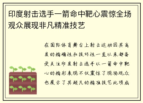 印度射击选手一箭命中靶心震惊全场观众展现非凡精准技艺