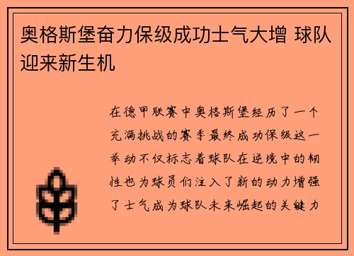 奥格斯堡奋力保级成功士气大增 球队迎来新生机