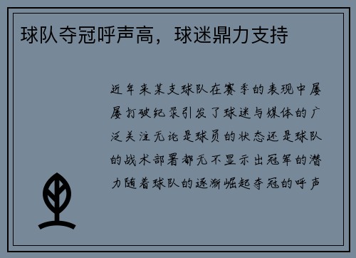 球队夺冠呼声高，球迷鼎力支持