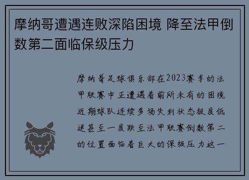 摩纳哥遭遇连败深陷困境 降至法甲倒数第二面临保级压力