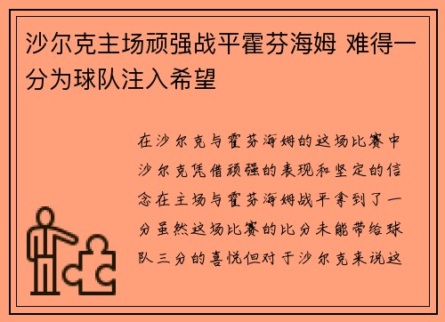 沙尔克主场顽强战平霍芬海姆 难得一分为球队注入希望