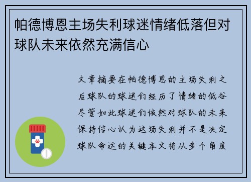 帕德博恩主场失利球迷情绪低落但对球队未来依然充满信心